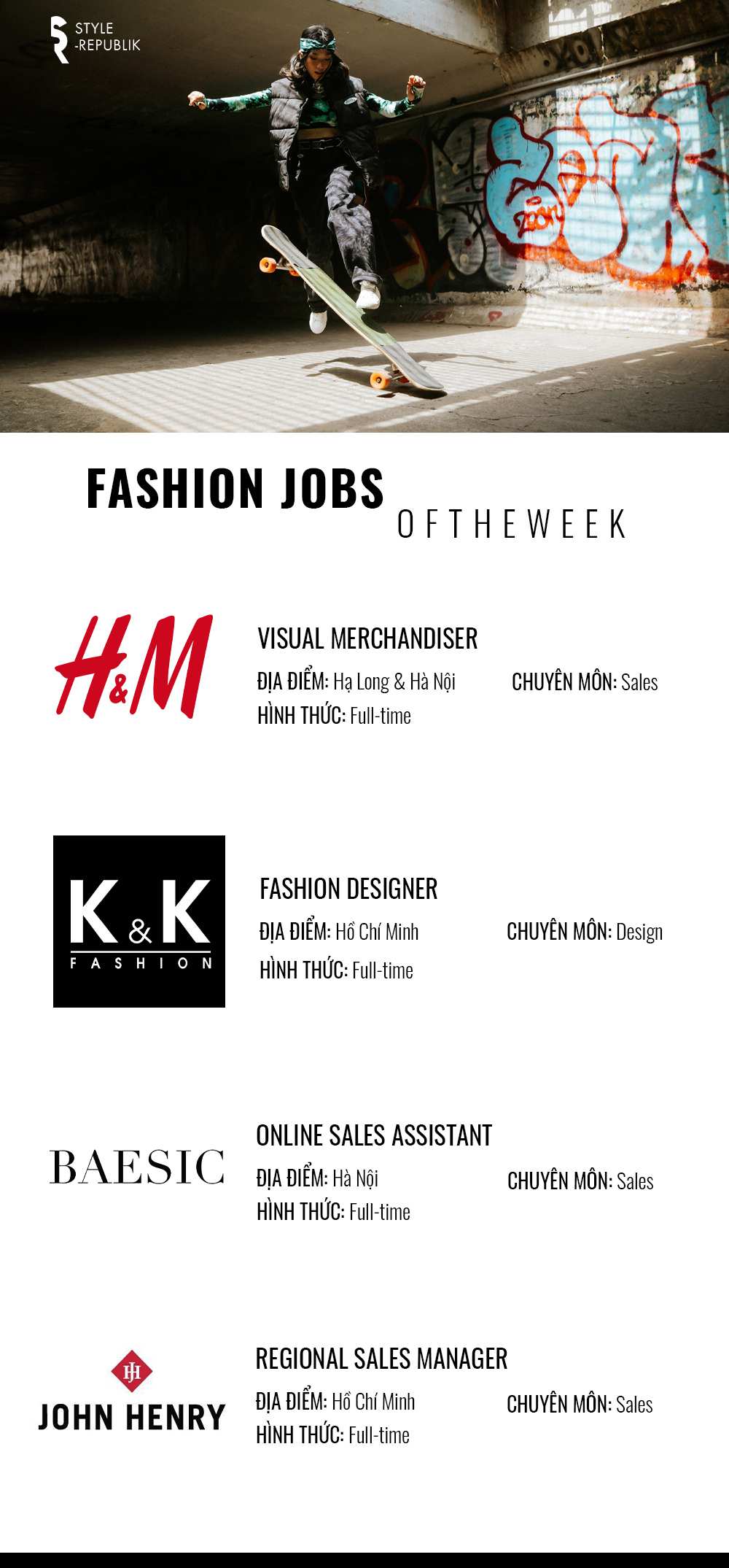 [Fashion Jobs of the Week] Việc làm thời trang tại H&M, K&K, John Henry và Baesic